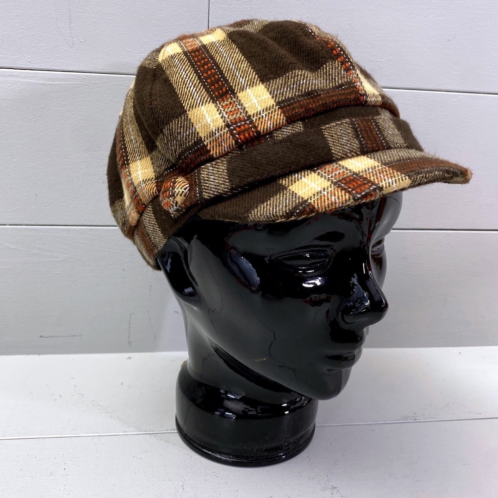Y2K Manhattan Hat Company Plaid Newsboy Cap Womens OS Brown Tan Cabbie Hat G8016